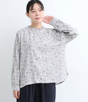 表起毛花柄プリントフリルネックギャザーブラウス(アイボリー-F)