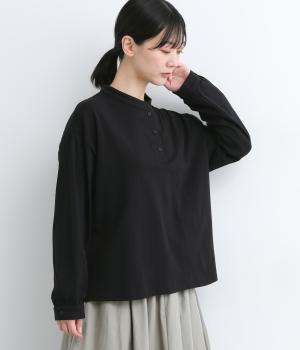 コットン天竺無地ヘンリーネックカットソー(ブラック-F)