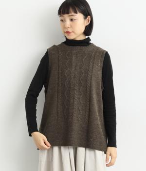 編み柄入り後ろレイヤード布帛コンビ釦開きニットベスト(ブラウン-F)