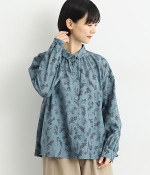 シャツカラーネックギャザーブラウス(ブルー-F)