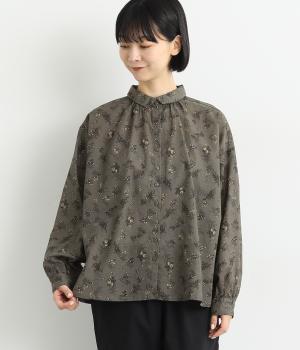 シャツカラーネックギャザーブラウス(グレー-F)