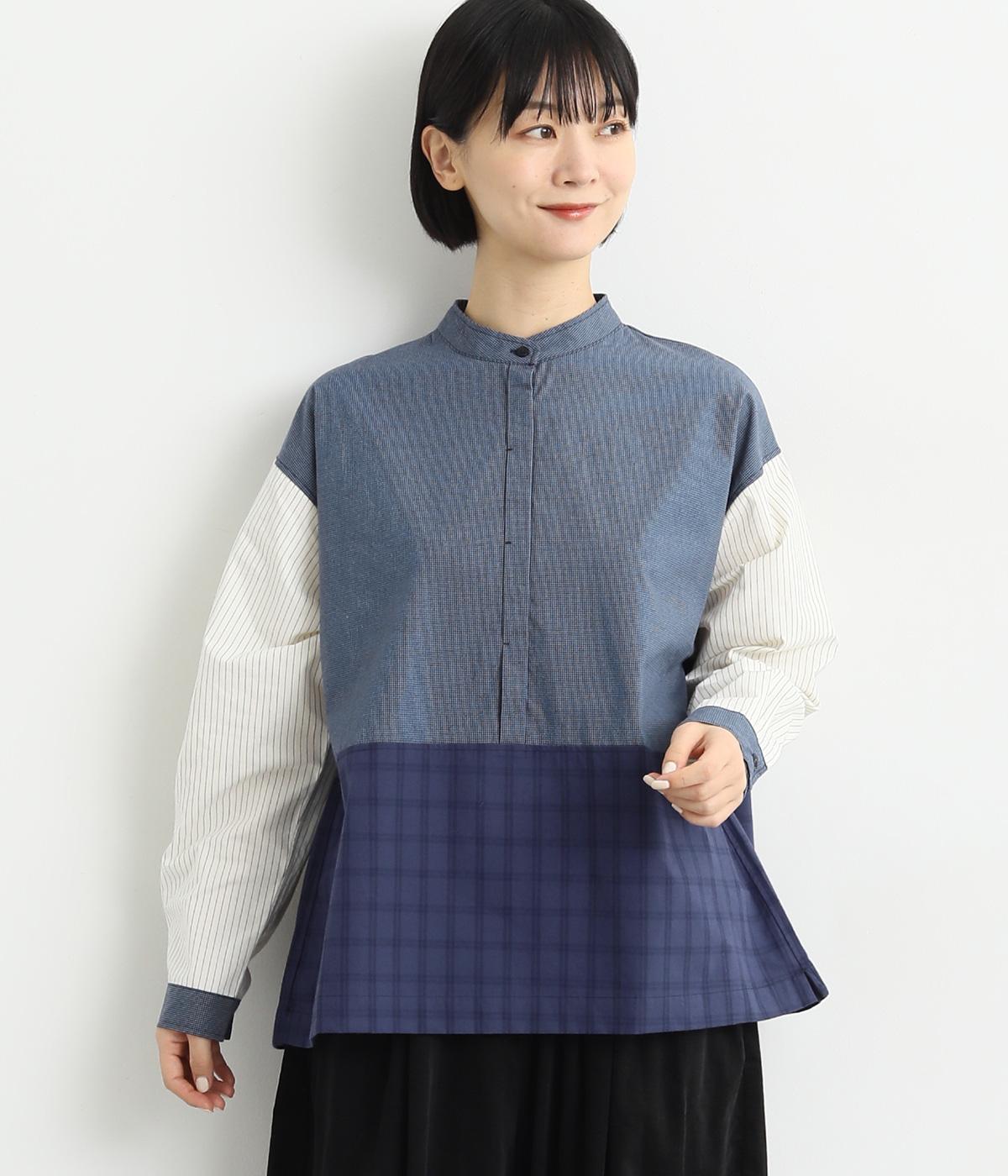 3柄ミックススタンドカラーウエスト切替ブラウス(ネイビー-F)