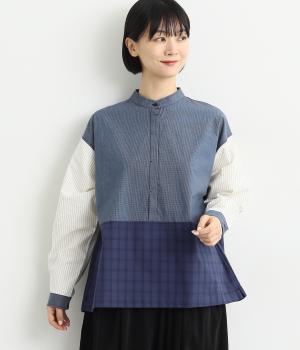 3柄ミックススタンドカラーウエスト切替ブラウス(ネイビー-F)