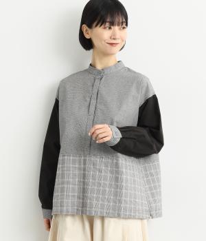 3柄ミックススタンドカラーウエスト切替ブラウス(ブラック-F)