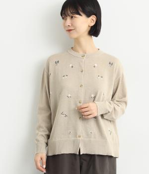 前身頃花柄刺繍ドロップスリーブニットカーディガン(ベージュ-F)
