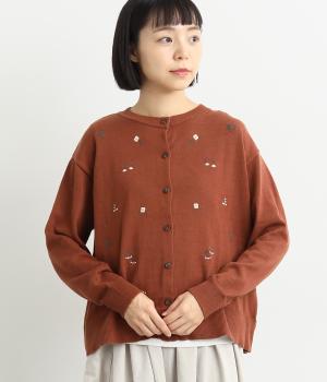 前身頃花柄刺繍ドロップスリーブニットカーディガン(オレンジ-F)