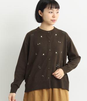 前身頃花柄刺繍ドロップスリーブニットカーディガン(ブラウン-F)