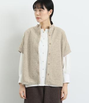 ウール混表起毛メランジニットソー2wayボタン開きリブベスト(杢ライトベージュ-F)
