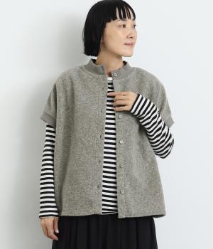 ウール混表起毛メランジニットソー2wayボタン開きリブベスト(杢グレー-F)