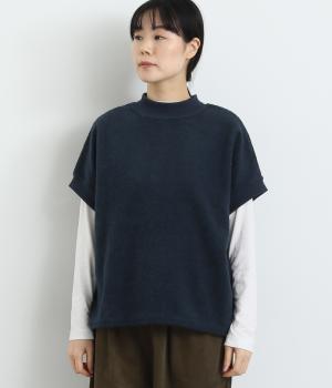 ウール混表起毛メランジニットソー2wayボタン開きリブベスト(杢ネイビー-F)