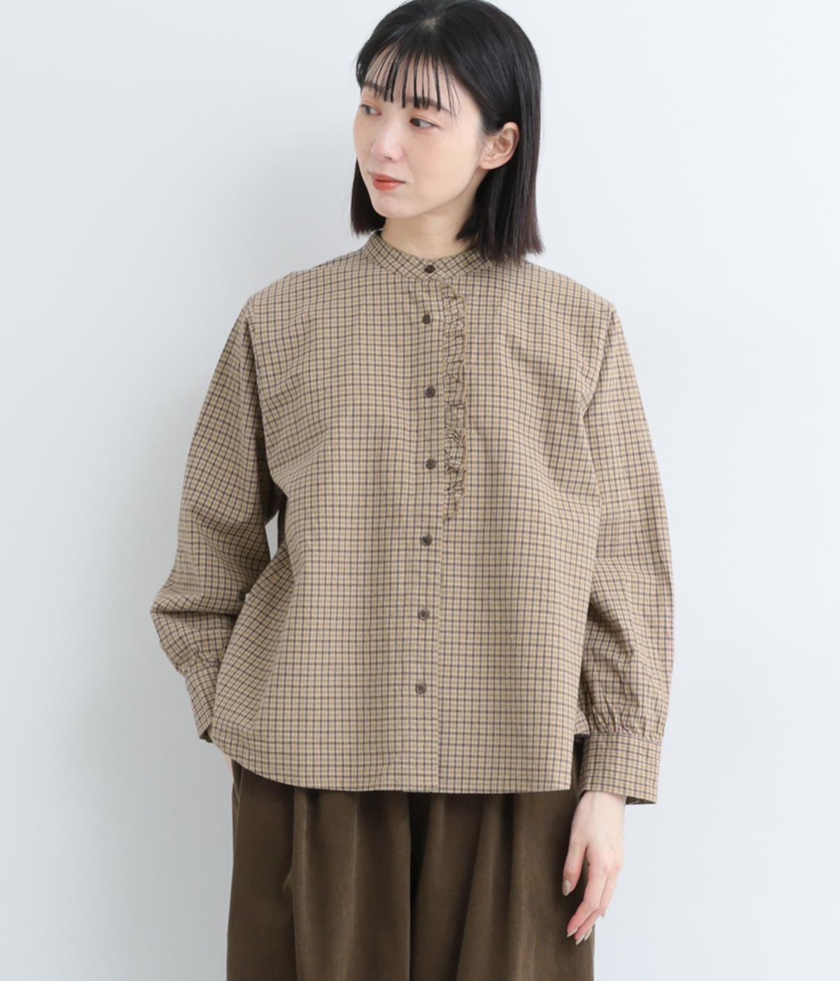 コットンリネンスタンドカラー前立てフリルブラウス(ブラウンチェック-F)