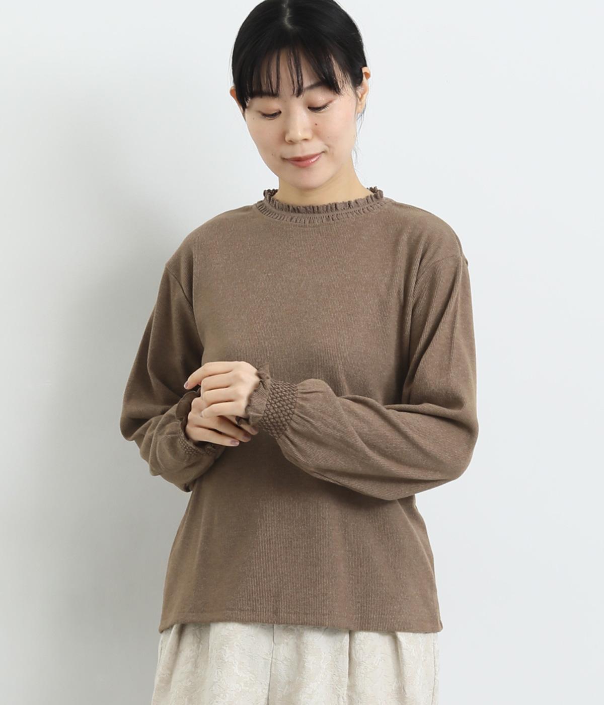 アルガンオイル配合起毛スモッキング刺繍入りプルオーバー(杢ブラウン-F)