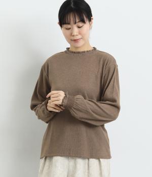 アルガンオイル配合起毛スモッキング刺繍入りプルオーバー(杢ブラウン-F)