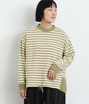 裏毛モックネックドロストボーダープルオーバー(カーキ-F)