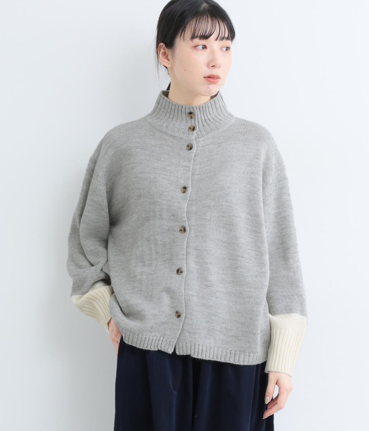 ウール混ハイネック配色ニットカーディガン(ライトグレー-F)