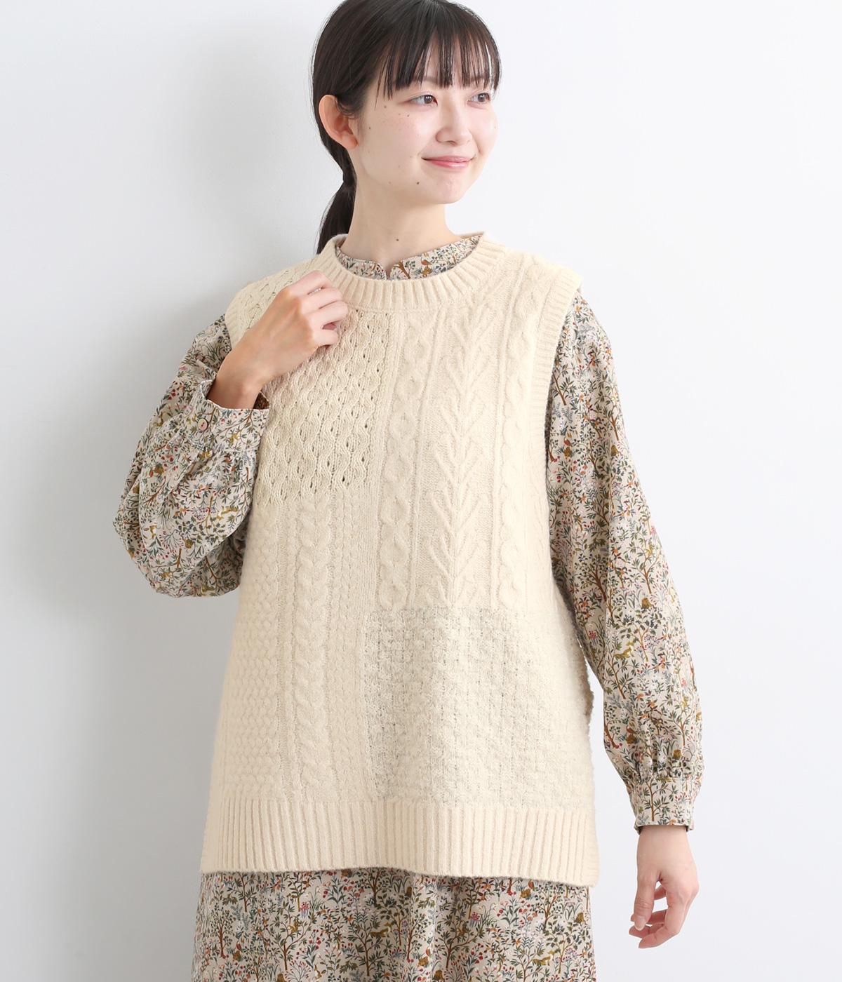 ニット4種類柄異素材パッチワークニットベスト(アイボリー-F)