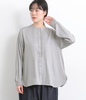起毛コットンレーヨン布帛ツイル無地前立てレース付き長袖ブラウス(グレー-F)
