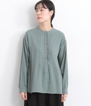 起毛コットンレーヨン布帛ツイル無地前立てレース付き長袖ブラウス(グリーン-F)