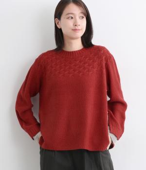 ニット無地布帛ストライプ・チェック柄アソート袖口切替ニットプルオーバー(レッド-F)