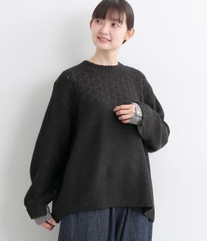 ニット無地布帛ストライプ・チェック柄アソート袖口切替ニットプルオーバー(チャコール杢-F)