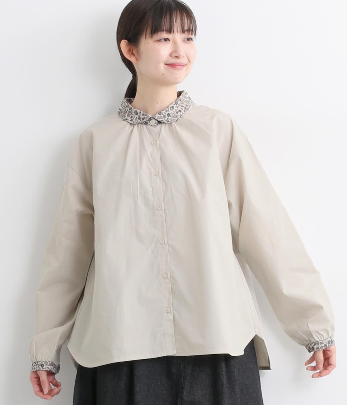 起毛高密度コットンブロード共通小花プリントコンビブラウス(アイボリー-F)