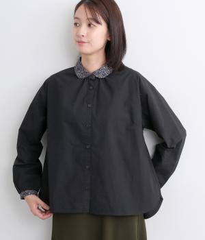 起毛高密度コットンブロード共通小花プリントコンビブラウス(ブラック-F)