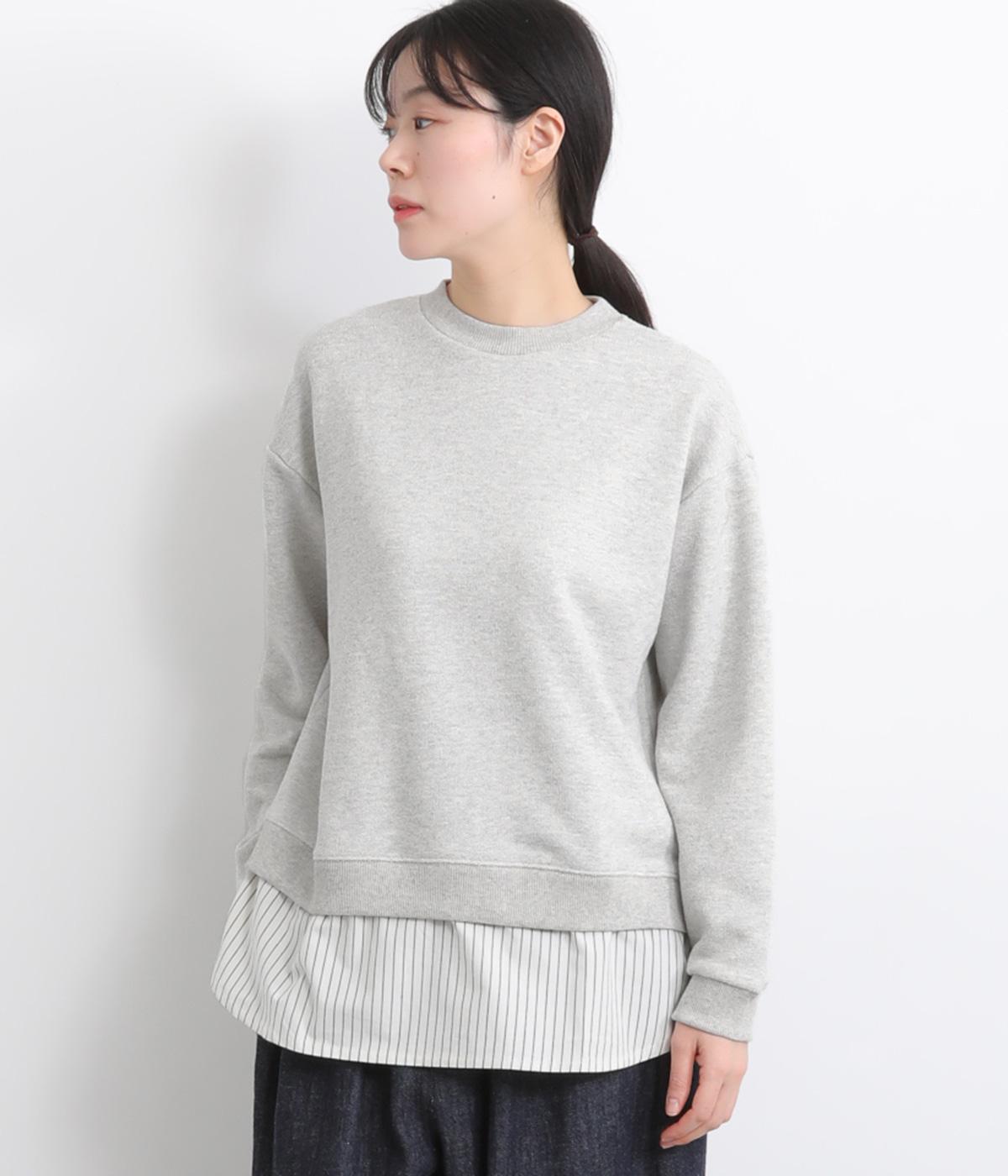 起毛ニットソー無地起毛コットンブロード布帛ストライプ裾レイヤードチュニック(ライトグレー杢-F)