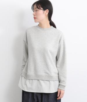 起毛ニットソー無地起毛コットンブロード布帛ストライプ裾レイヤードチュニック(ライトグレー杢-F)
