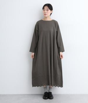 コットンリネン裾パネル刺繍ワンピース(チャコール-F)