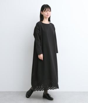 コットンリネン裾パネル刺繍ワンピース(ブラック-F)