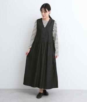 デニムVネックジャンパースカート(ブラック-F)