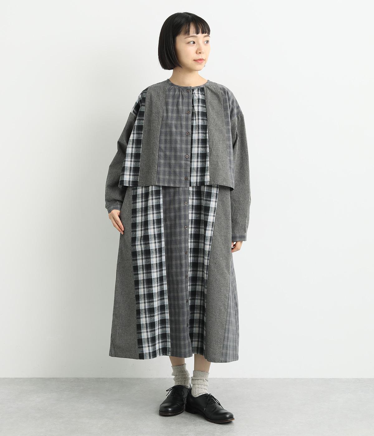 前開きレイヤード仕立てパッチワークワンピース(ダークグレー-F)