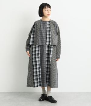 前開きレイヤード仕立てパッチワークワンピース(ダークグレー-F)