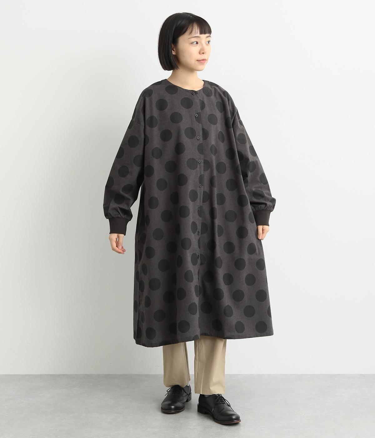 起毛ドットクルーネックドロップショルダーワンピース(ダークグレー-F)