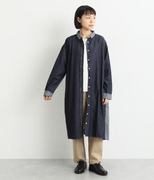 シャツカラー後ろヨークギャザーサイド切替ワンピース(ネイビー-F)