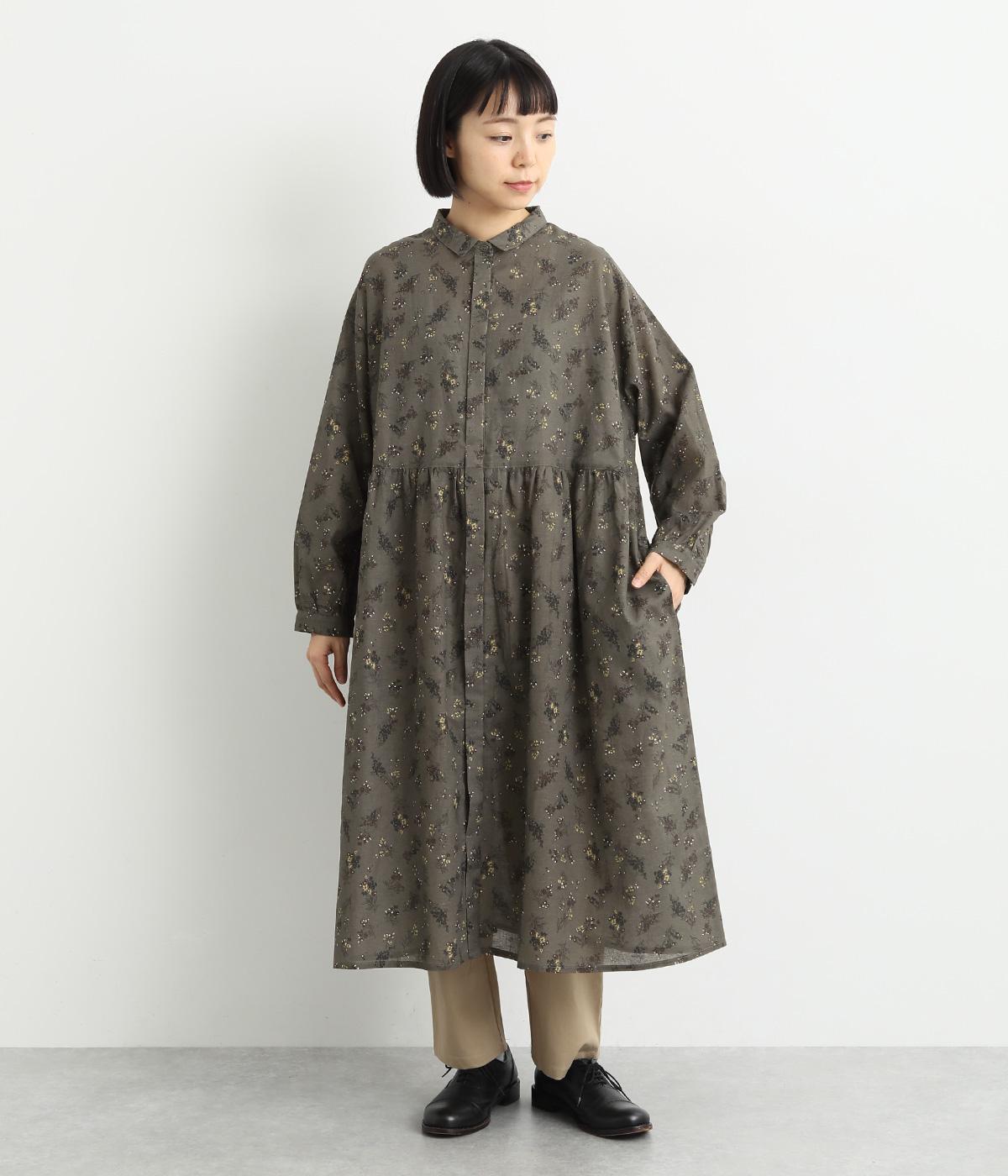 比翼開きシャツカラーウエスト切替ギャザーワンピース(グレー-F)