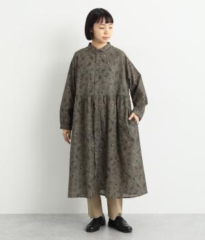 比翼開きシャツカラーウエスト切替ギャザーワンピース(グレー-F)