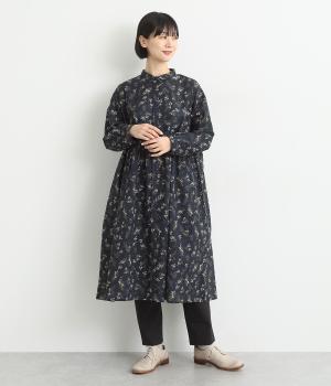 比翼開きシャツカラーウエスト切替ギャザーワンピース(ネイビー-F)