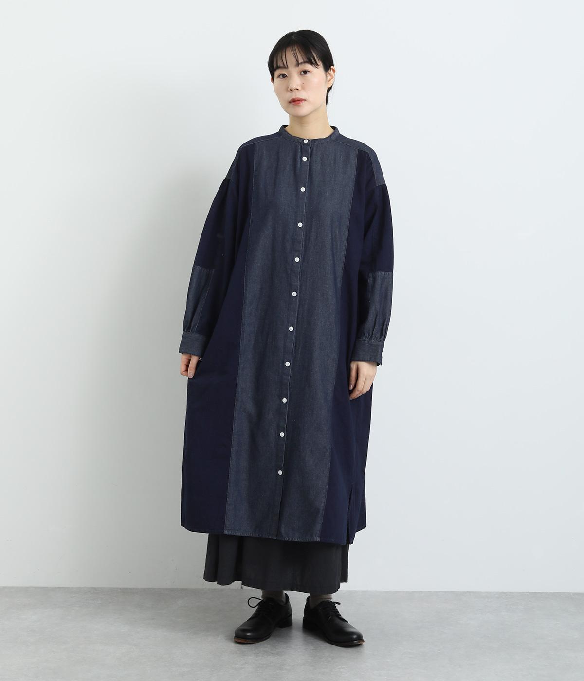 コットンデニム切替スタンドカラーワンピース(ネイビー-F)