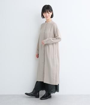 コットンレーヨン表起毛スタンドカラーギャザーワンピース(ベージュ-F)