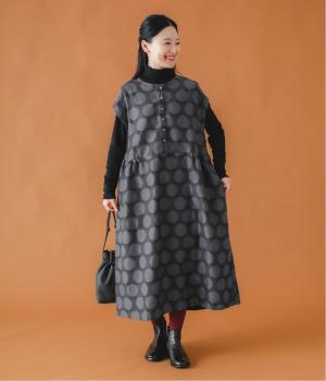 表起毛ツイルジャカードドットフレンチスリーブワンピース(ダークグレー-F)