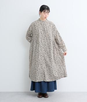 コットンコーデュロイ小花プリントウエストギャザーワンピース(ベージュ-F)