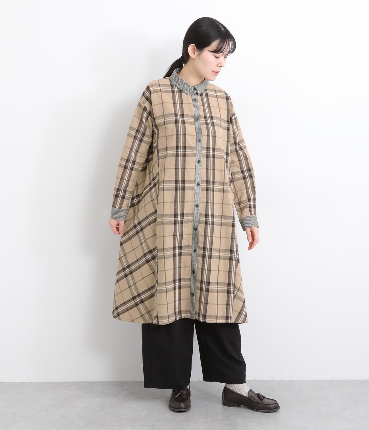 先染めコットンリネンフランネルチェック柄アソートシャツワンピース(ベージュ-F)