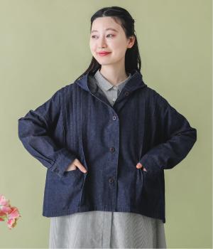 コットンインディゴデニムフード付きピンタックジャケット