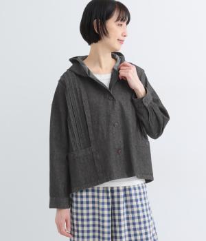 コットンインディゴデニムフード付きピンタックジャケット(ブラック-F)