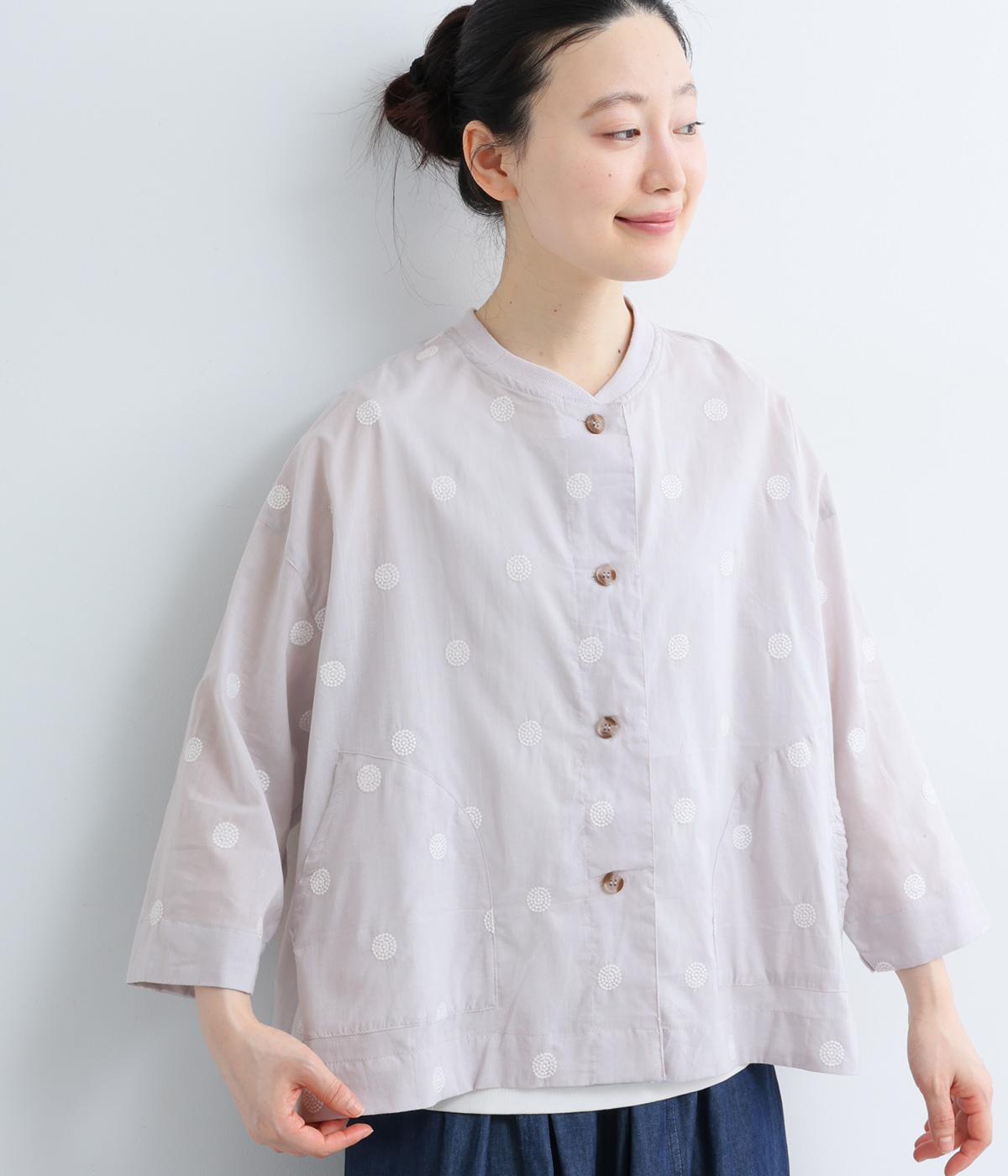 コットンキャンブリックドット刺繍リブジャケット(ブルー×アイボリー-ML)