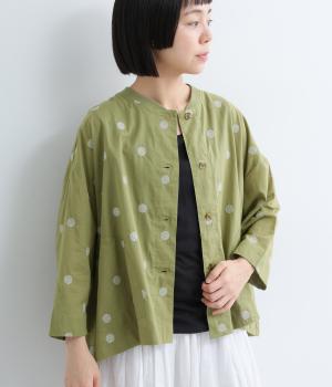 コットンキャンブリックドット刺繍リブジャケット(カーキ×ライトカーキ-ML)