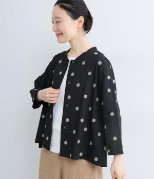 コットンキャンブリックドット刺繍リブジャケット(ブラック×ベージュ-ML)