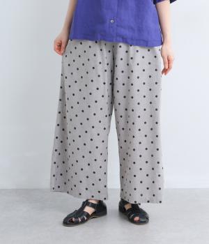 コットンリネンレーヨン　ドットプリントワイドパンツ(グレー-F)