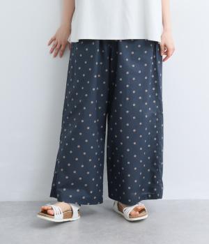 コットンリネンレーヨン　ドットプリントワイドパンツ(ネイビー-F)